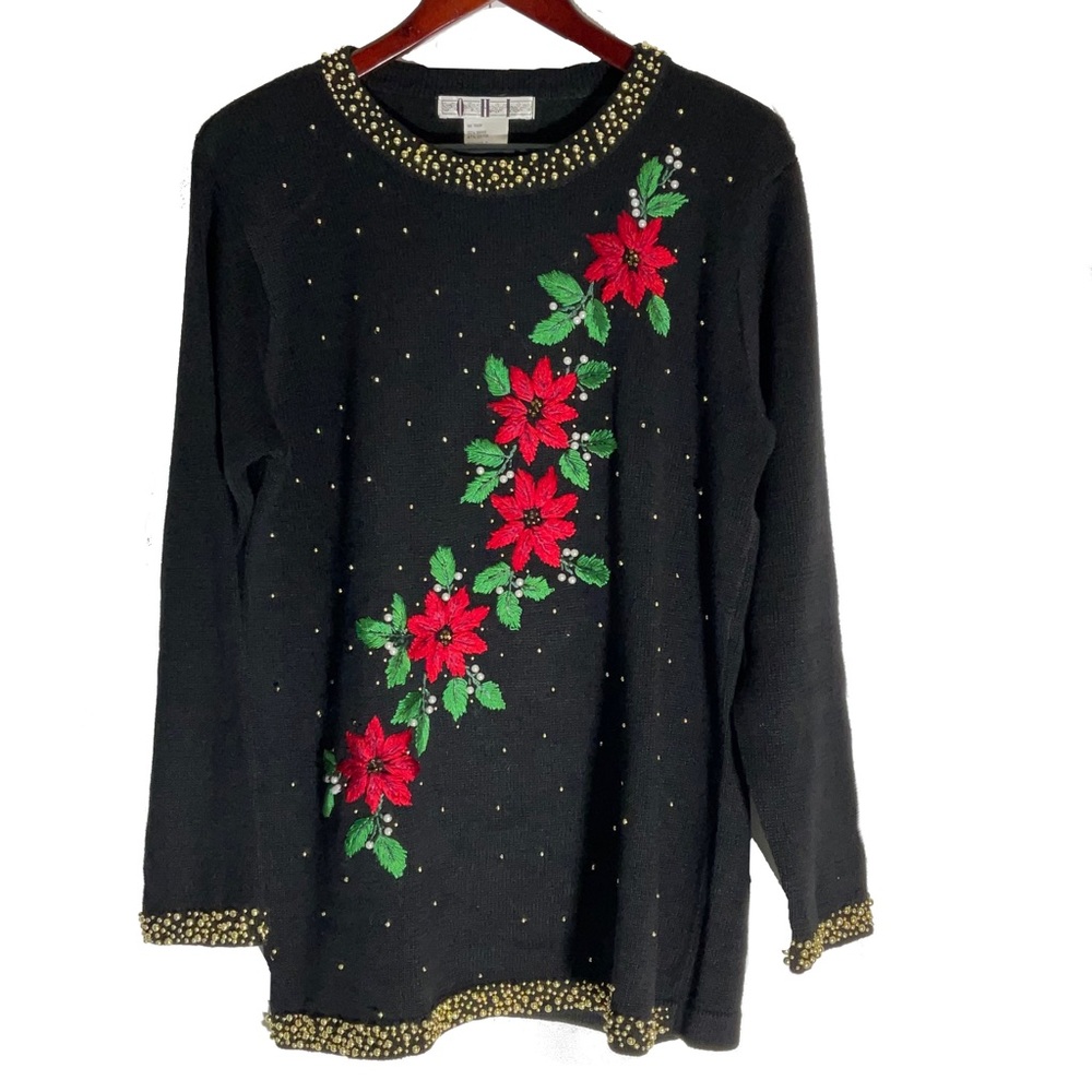 OHI Vintage Holiday Black Embroidered Poinsettia Flowers & Gold Gems Sweater SzM